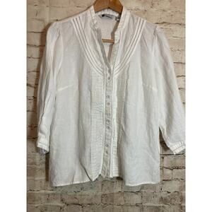 Carole Little Linen Top Women Large White Coquette Lagom Feminine Beachy Pleated